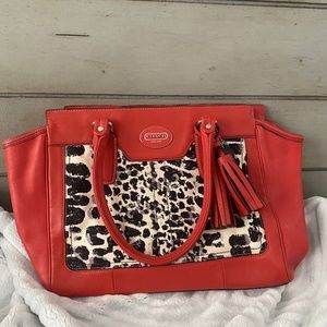 Burnt orange Leather with leopard print cloth inset Coach Shoulder bag